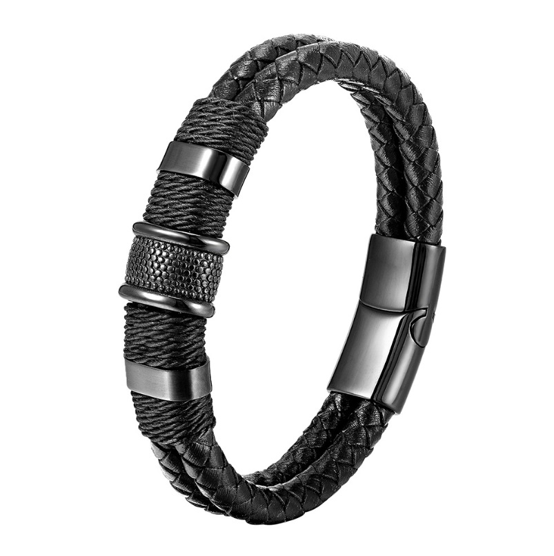 Stainless Steel Clasp Black Leather Men Bracelet